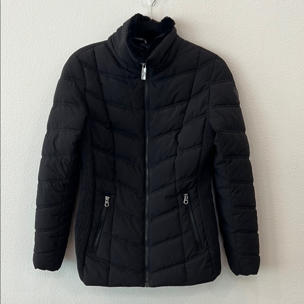 Women’s Nautica Black Quilted, Hooded Puffer Jacket with Stand-Up Collar